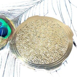 Van-Ace Powder Compact Mirror Gold-tone Satin Gloss Stripe Embossed Floral Back